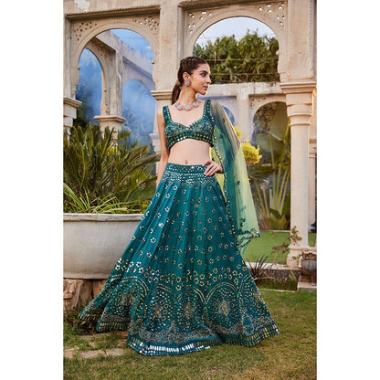 MEHAK MURPANA Teal Mirror Embroidered Choli Lehenga and Dupatta (Set of 3)