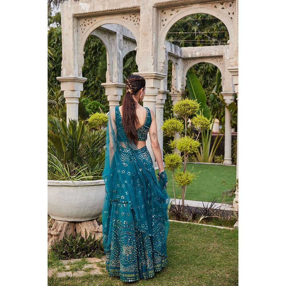 MEHAK MURPANA Teal Mirror Embroidered Choli Lehenga and Dupatta (Set of 3)