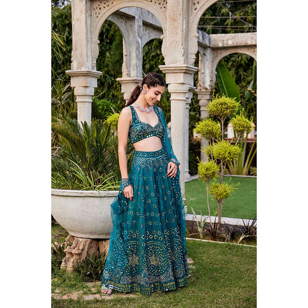 MEHAK MURPANA Teal Mirror Embroidered Choli Lehenga and Dupatta (Set of 3)