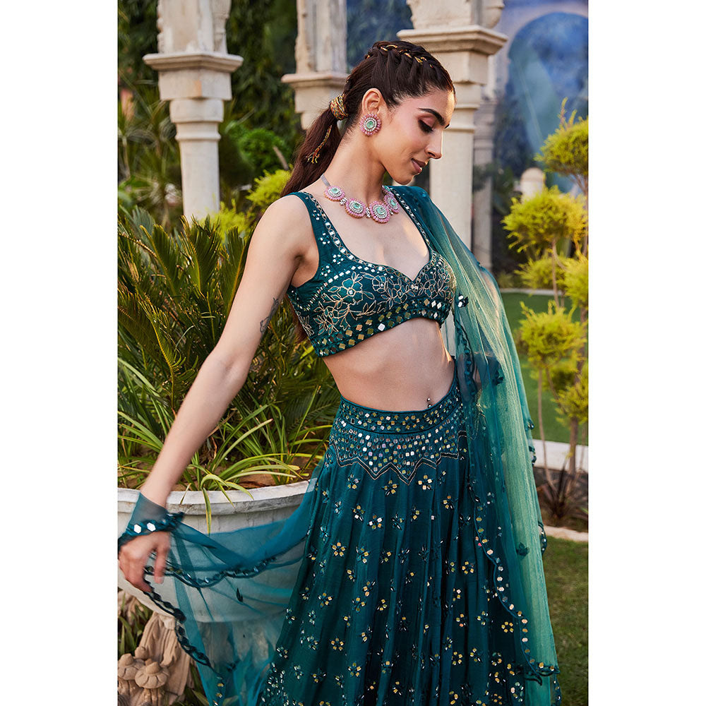 MEHAK MURPANA Teal Mirror Embroidered Choli Lehenga and Dupatta (Set of 3)