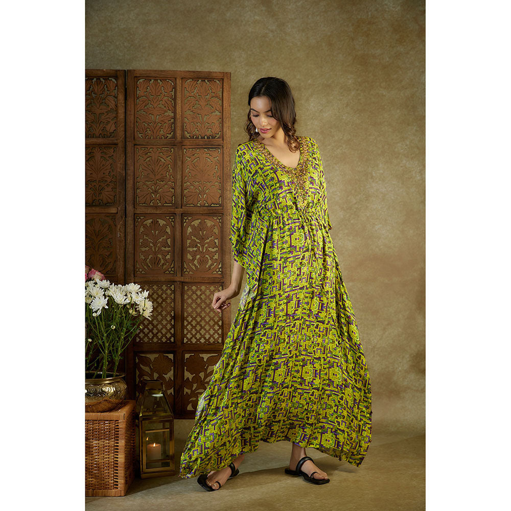 MEHAK MURPANA Green Printed Kaftan Dress with Embroidery