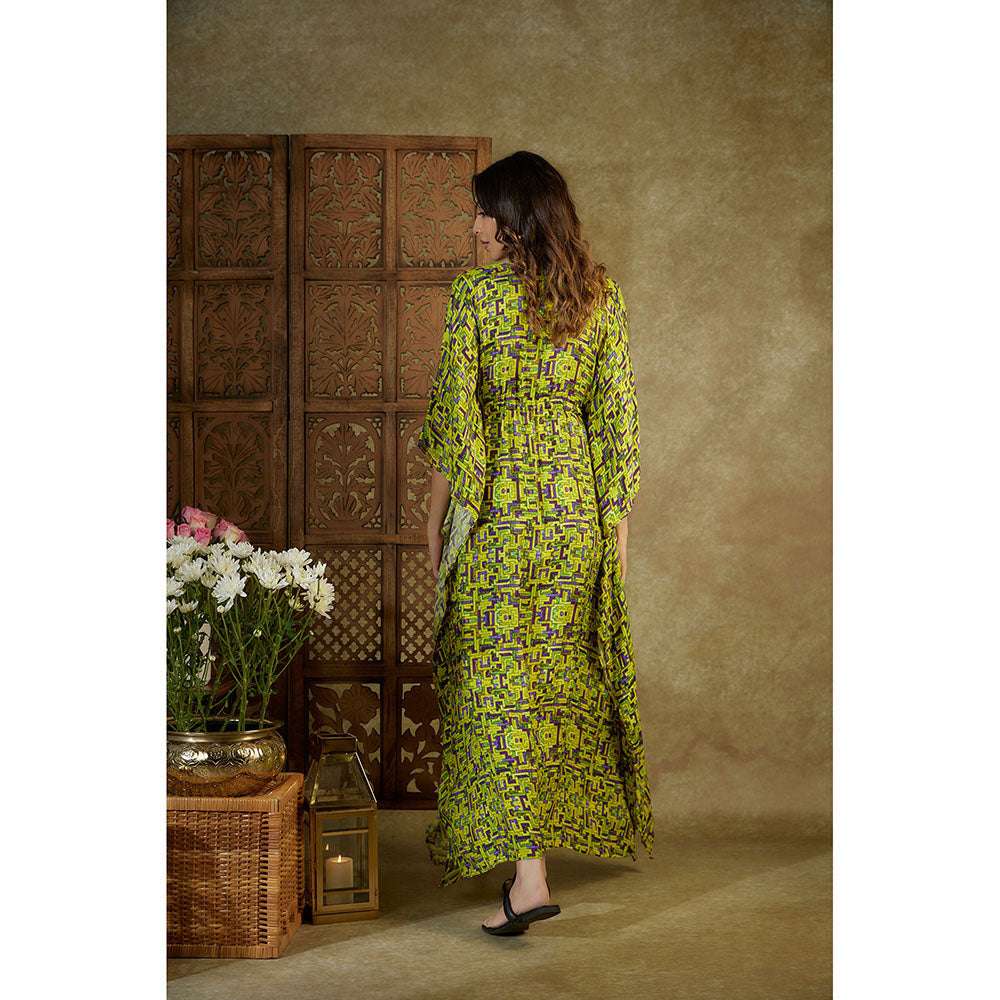 MEHAK MURPANA Green Printed Kaftan Dress with Embroidery