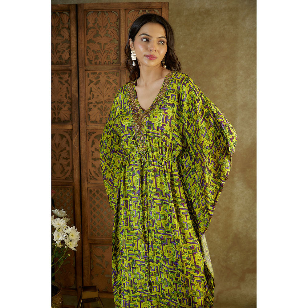 MEHAK MURPANA Green Printed Kaftan Dress with Embroidery