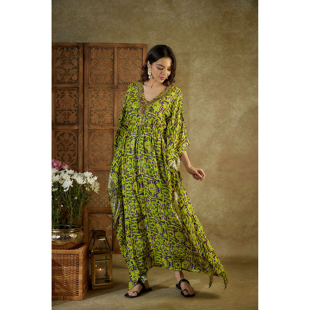 MEHAK MURPANA Green Printed Kaftan Dress with Embroidery
