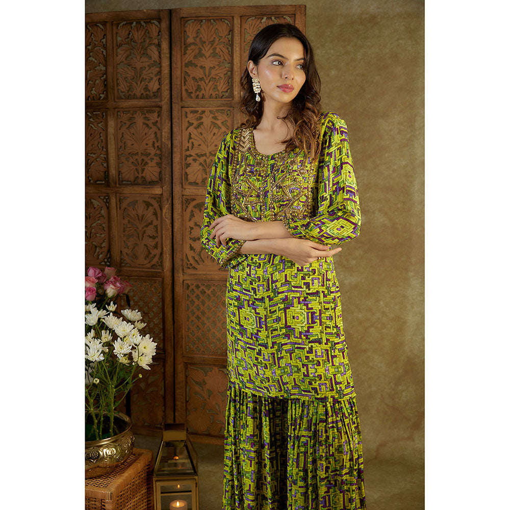 MEHAK MURPANA Pink Printed Embroidered Short Kurta and Sharara (Set of 2)