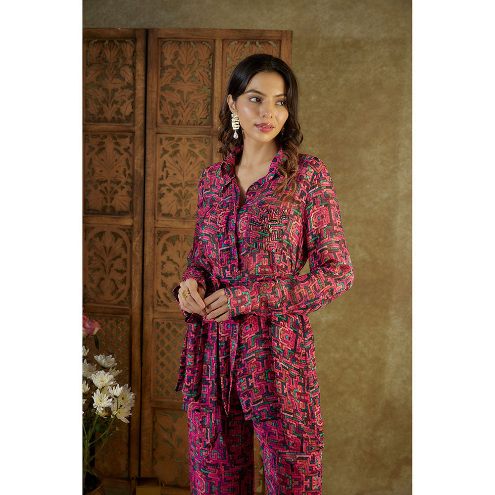 MEHAK MURPANA Pink Printed Co-Ord with Embroidery (Set of 3)