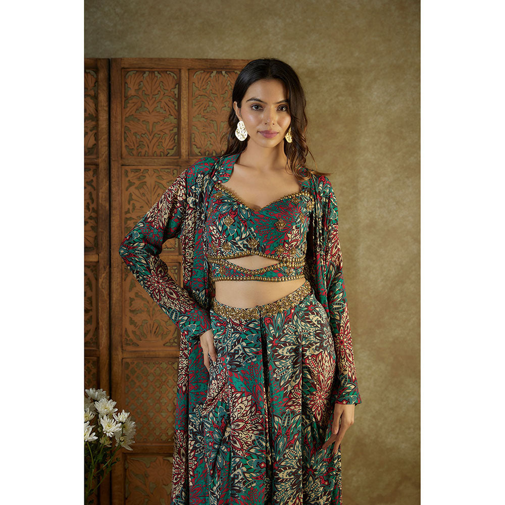 MEHAK MURPANA Green Printed Blouse Dhoti and Cape with Embroidery (Set of 3)