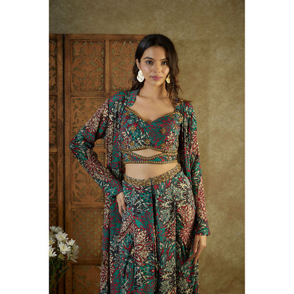 MEHAK MURPANA Green Printed Blouse Dhoti and Cape with Embroidery (Set of 3)