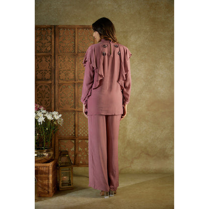 MEHAK MURPANA Rose Pink Ruffle Co-Ord with Embroidery (Set of 2)