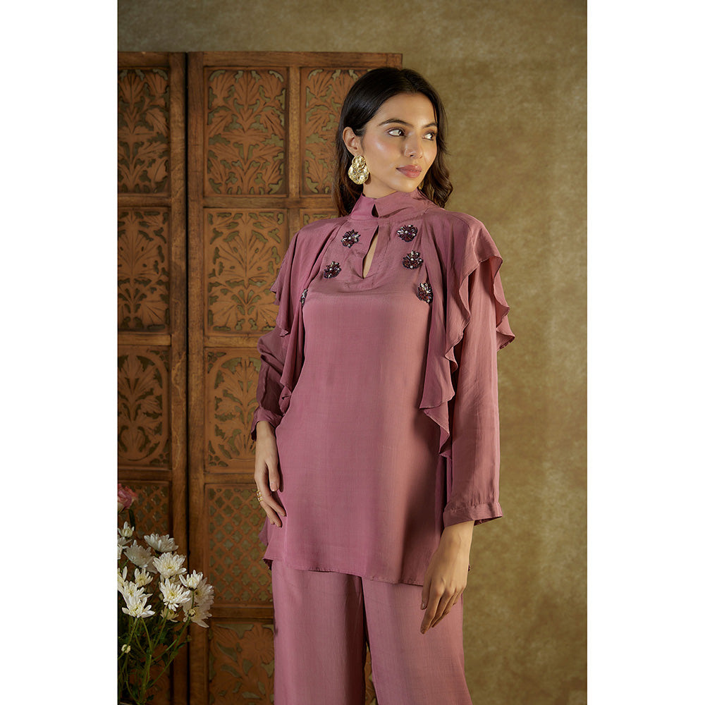 MEHAK MURPANA Rose Pink Ruffle Co-Ord with Embroidery (Set of 2)