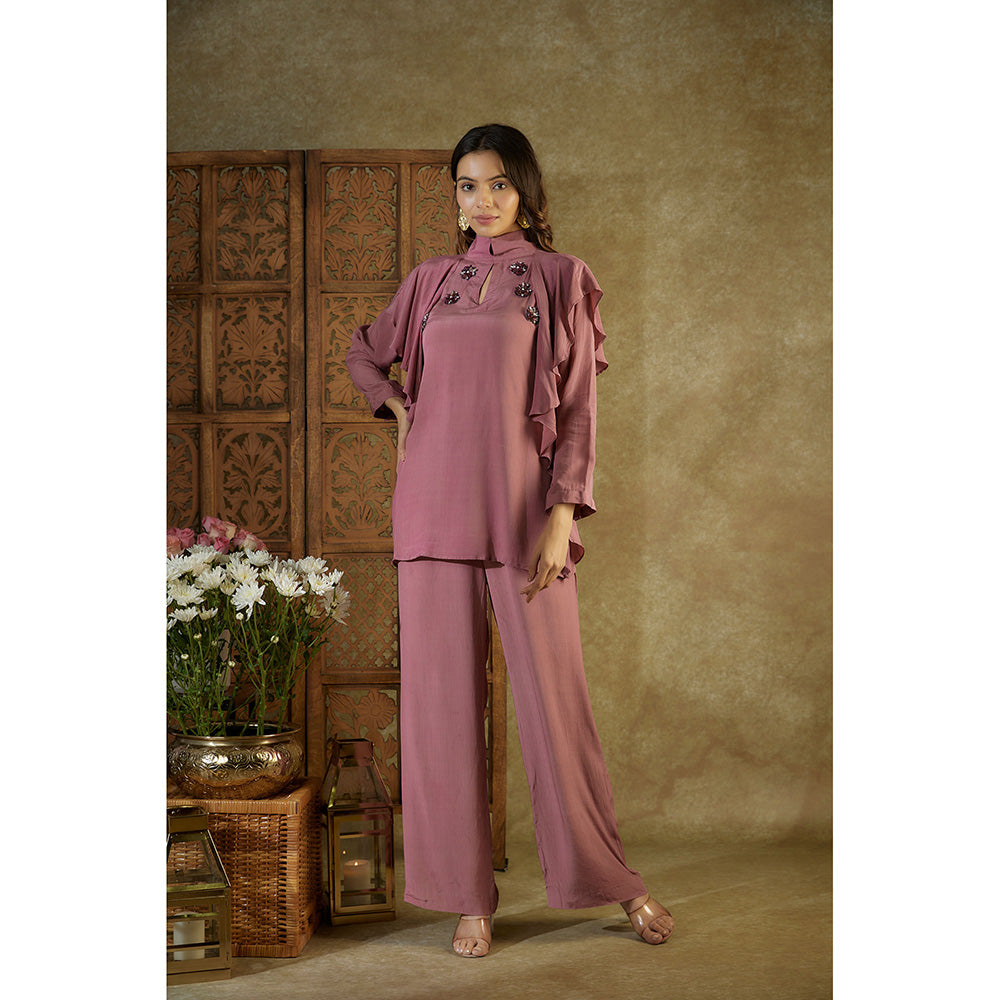 MEHAK MURPANA Rose Pink Ruffle Co-Ord with Embroidery (Set of 2)