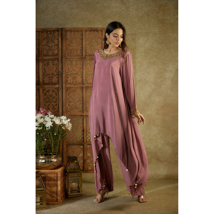 MEHAK MURPANA Rose Pink Embroidered Asymmetrical Kurta and Pants (Set of 2)