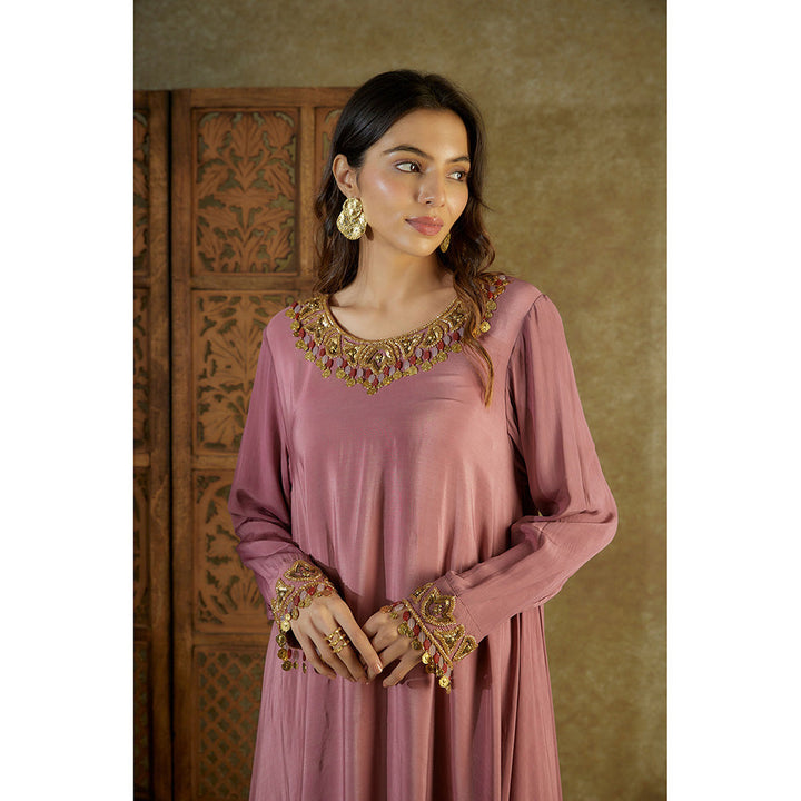 MEHAK MURPANA Rose Pink Embroidered Asymmetrical Kurta and Pants (Set of 2)