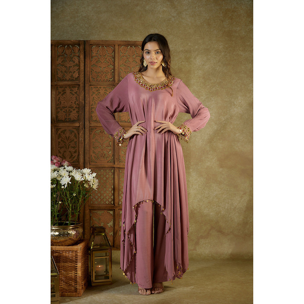 MEHAK MURPANA Rose Pink Embroidered Asymmetrical Kurta and Pants (Set of 2)