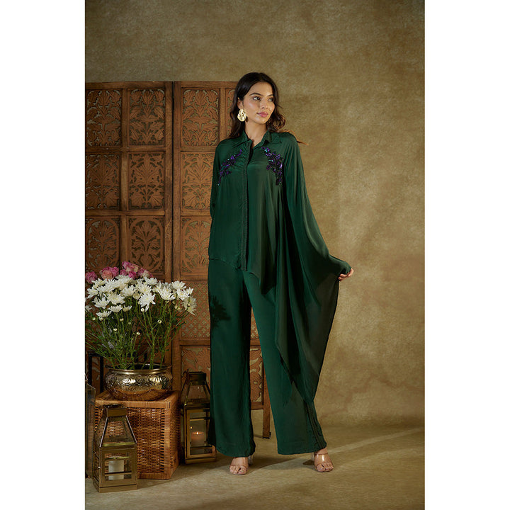 MEHAK MURPANA Forest Green Embroidered One Side Kaftan Sleeves Shirt and Pants (Set of 2)