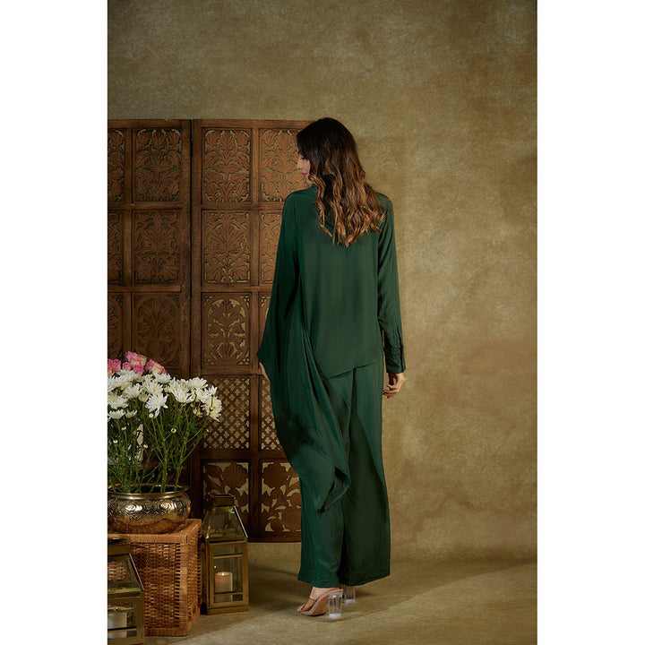 MEHAK MURPANA Forest Green Embroidered One Side Kaftan Sleeves Shirt and Pants (Set of 2)