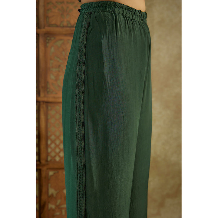 MEHAK MURPANA Forest Green Embroidered One Side Kaftan Sleeves Shirt and Pants (Set of 2)