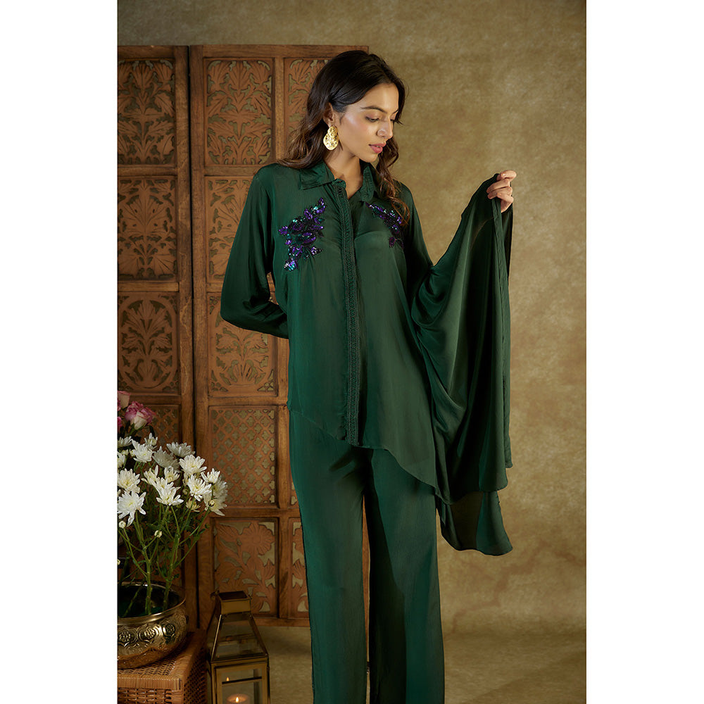 MEHAK MURPANA Forest Green Embroidered One Side Kaftan Sleeves Shirt and Pants (Set of 2)