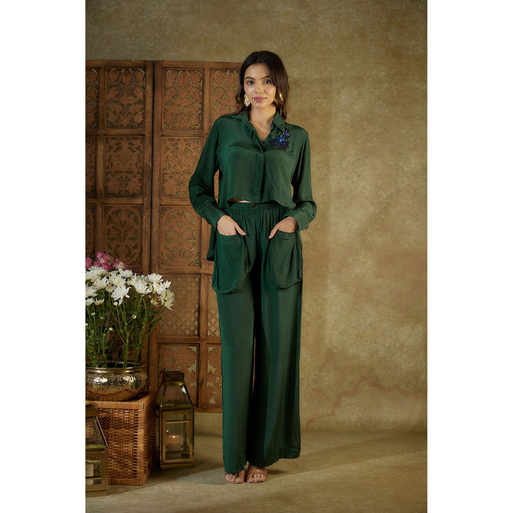 MEHAK MURPANA Forest Green Embroidered Crop Shirt with Cargo Pants (Set of 2)