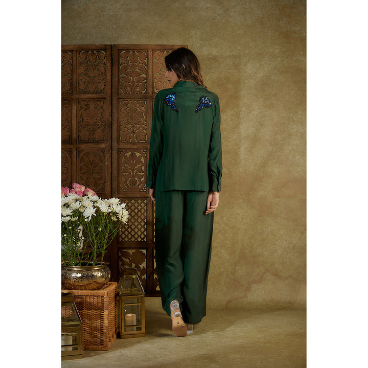 MEHAK MURPANA Forest Green Embroidered Crop Shirt with Cargo Pants (Set of 2)