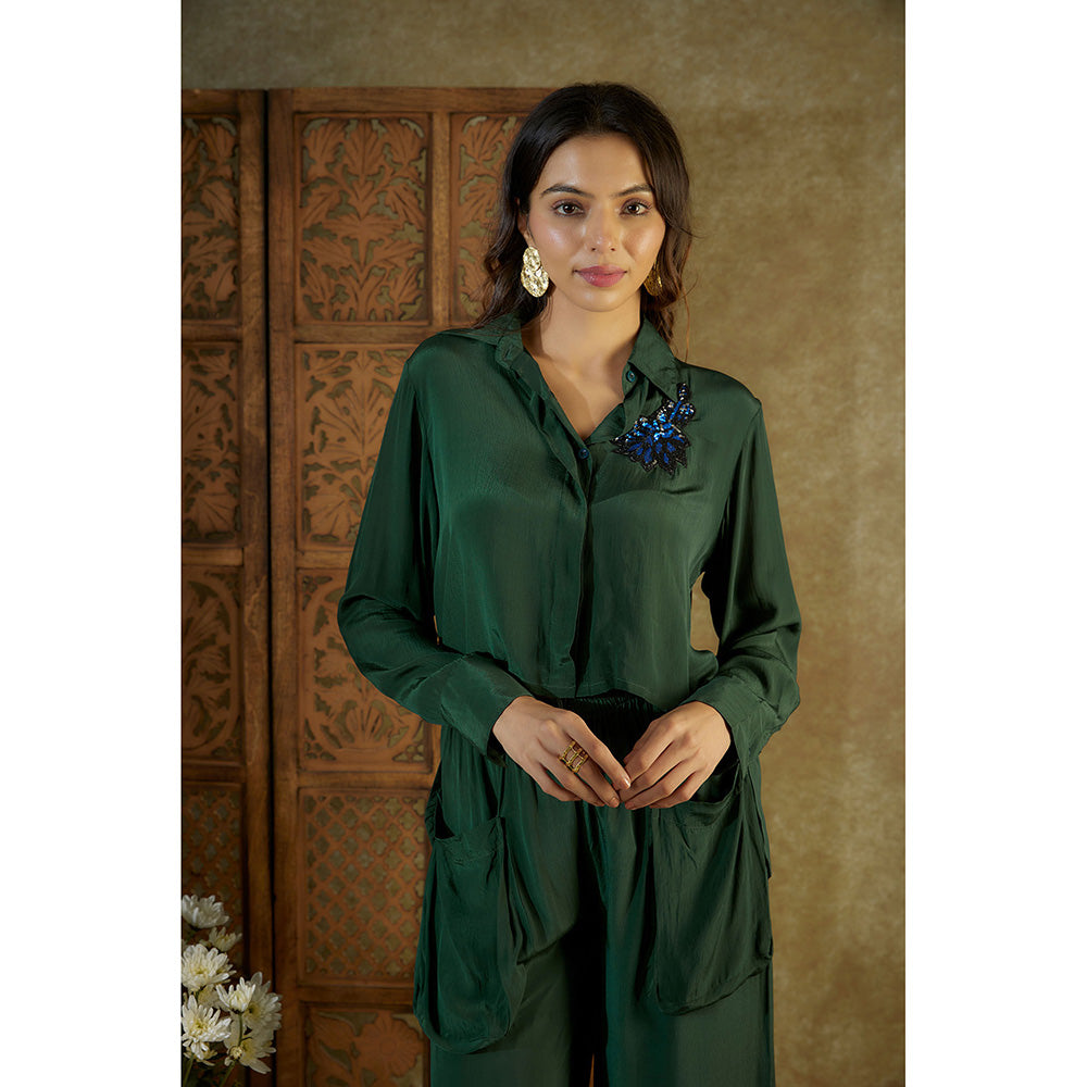 MEHAK MURPANA Forest Green Embroidered Crop Shirt with Cargo Pants (Set of 2)