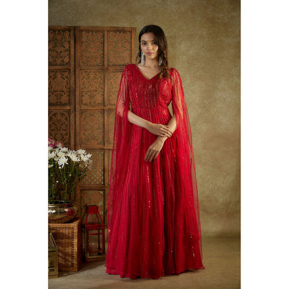 MEHAK MURPANA Red Embroidered Cocktail Gown with Cape Sleeves