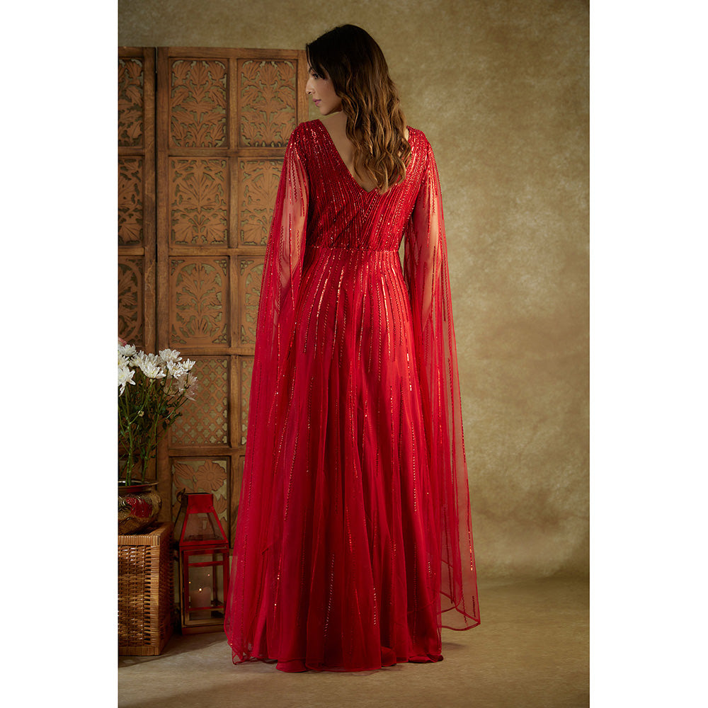 MEHAK MURPANA Red Embroidered Cocktail Gown with Cape Sleeves