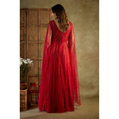 MEHAK MURPANA Red Embroidered Cocktail Gown with Cape Sleeves