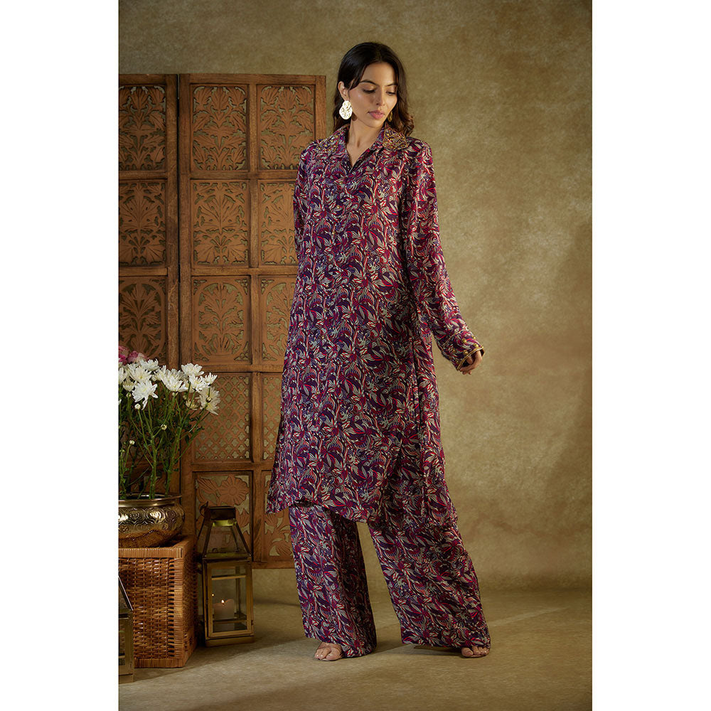 MEHAK MURPANA Purple Printed Embroidered Long Kurta and Pants (Set of 2)