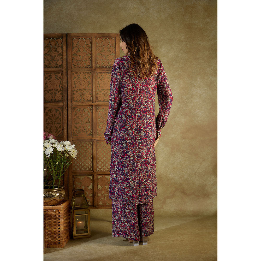 MEHAK MURPANA Purple Printed Embroidered Long Kurta and Pants (Set of 2)
