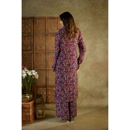 MEHAK MURPANA Purple Printed Embroidered Long Kurta and Pants (Set of 2)