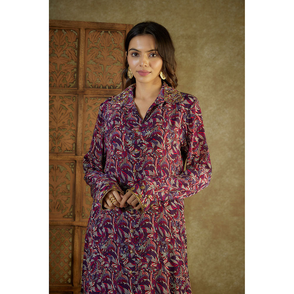MEHAK MURPANA Purple Printed Embroidered Long Kurta and Pants (Set of 2)