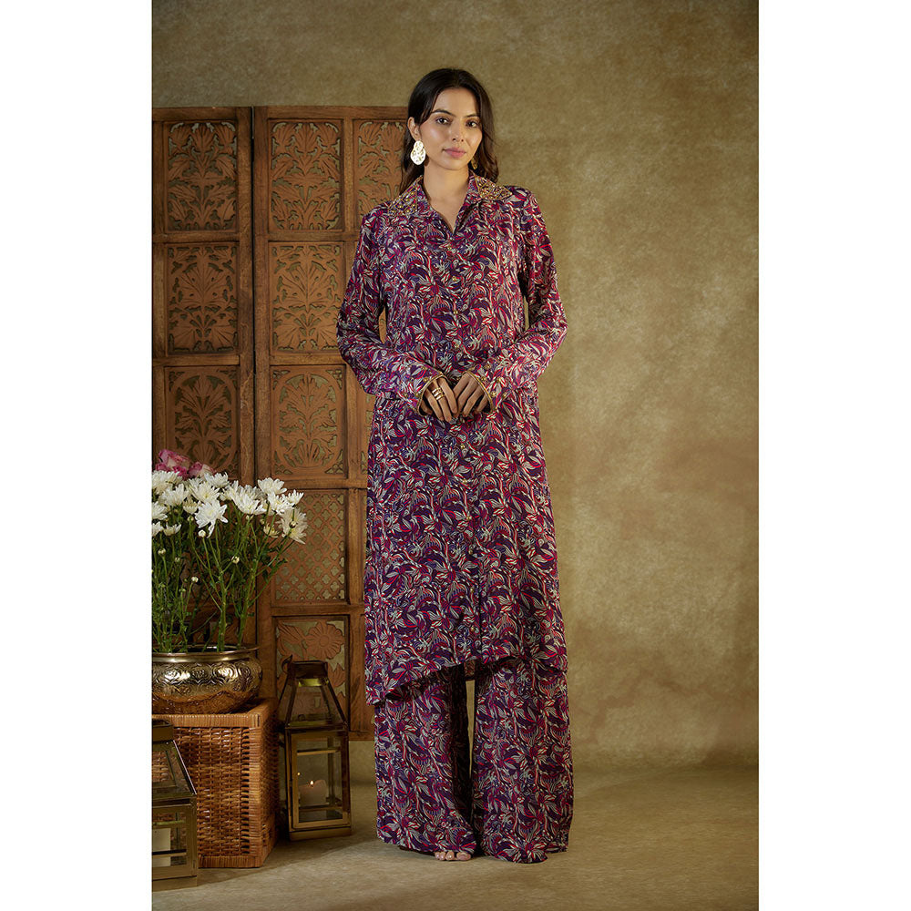 MEHAK MURPANA Purple Printed Embroidered Long Kurta and Pants (Set of 2)