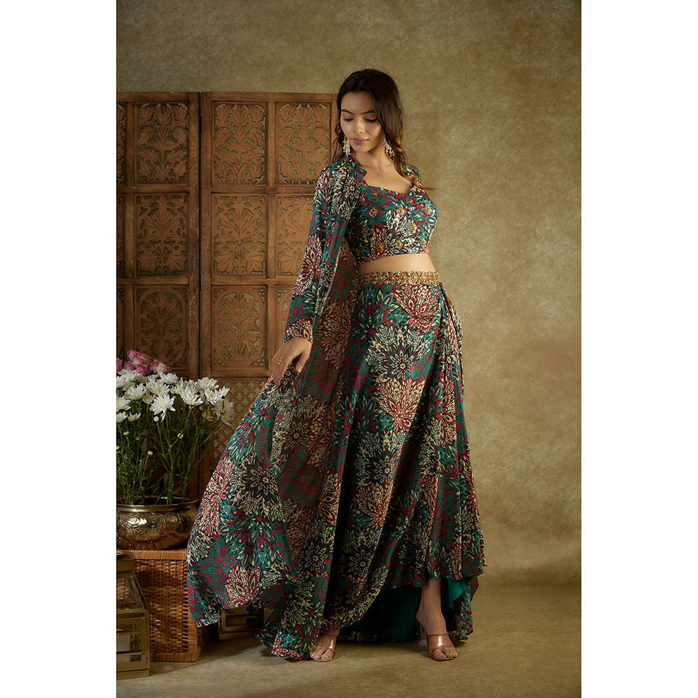 MEHAK MURPANA Green Printed Top Draped Skirts and Jacket (Set of 3)