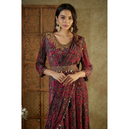 MEHAK MURPANA Pink Printed Anarkali with Pre Pleated Drape and Belt (Set of 3)