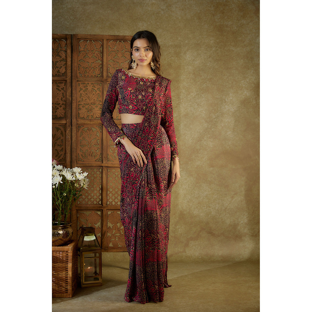 MEHAK MURPANA Pink Printed Pre Stitched Saree with Stitched Blouse