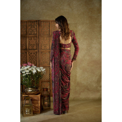 MEHAK MURPANA Pink Printed Pre Stitched Saree with Stitched Blouse