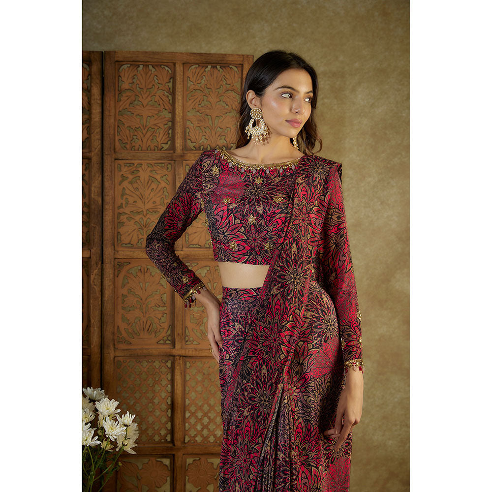 MEHAK MURPANA Pink Printed Pre Stitched Saree with Stitched Blouse