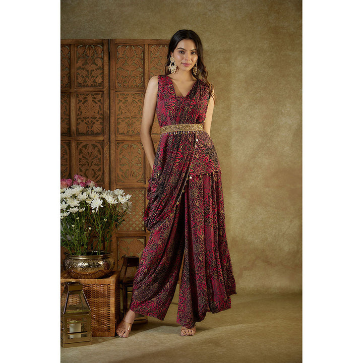 MEHAK MURPANA Pink Printed Top Pleated Dhoti Pants Pre Pleated Drape and Belt (Set of 4)