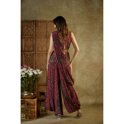 MEHAK MURPANA Pink Printed Top Pleated Dhoti Pants Pre Pleated Drape and Belt (Set of 4)