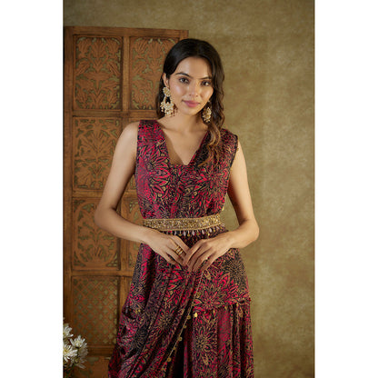 MEHAK MURPANA Pink Printed Top Pleated Dhoti Pants Pre Pleated Drape and Belt (Set of 4)