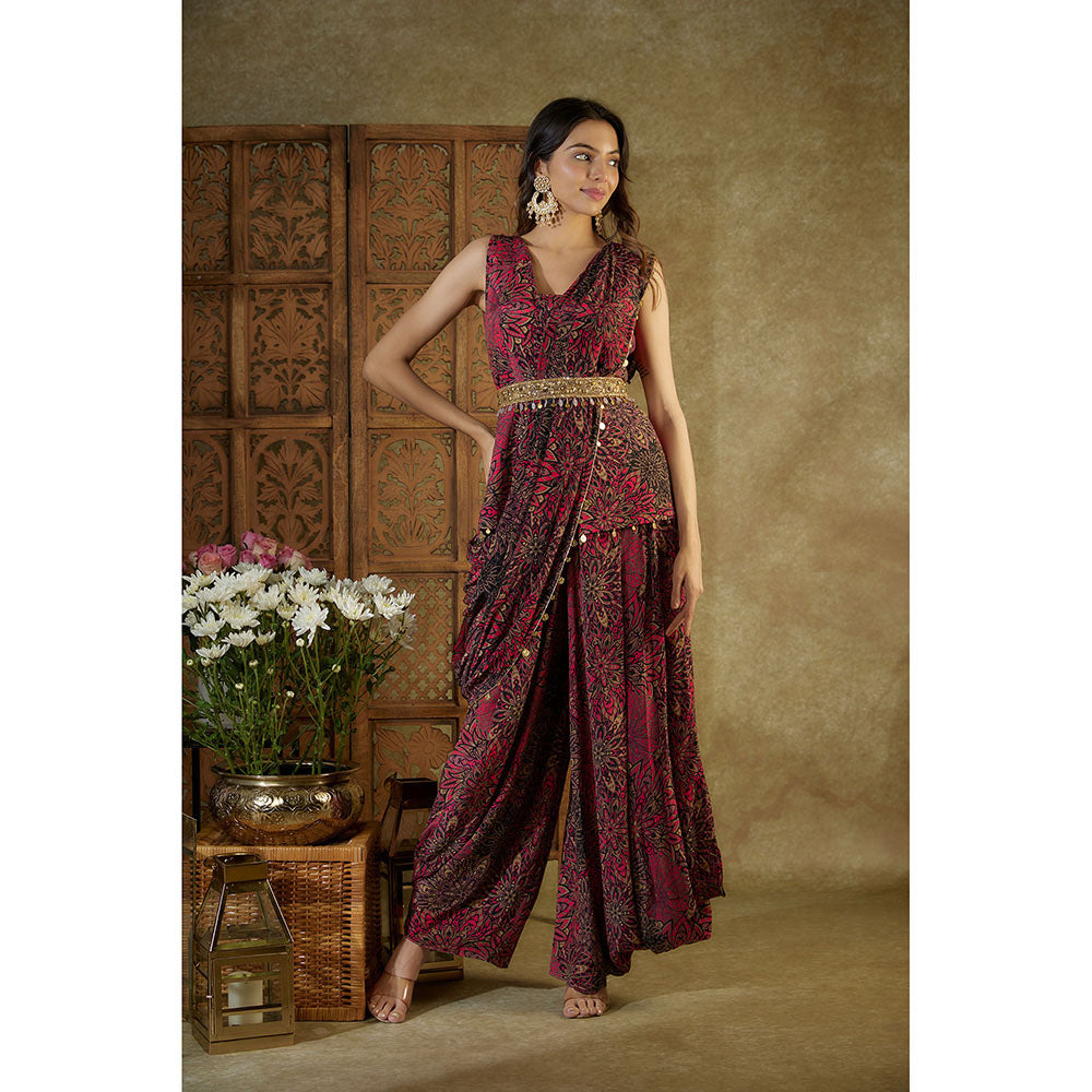 MEHAK MURPANA Pink Printed Top Pleated Dhoti Pants Pre Pleated Drape and Belt (Set of 4)