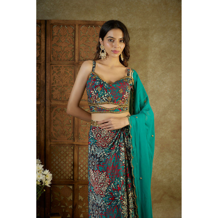 MEHAK MURPANA Green Printed Choli Draped Lehenga and Dupatta (Set of 3)