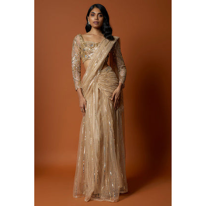 MEHAK MURPANA Gold Pre-Draped Cocktail Saree with Stitched Blouse