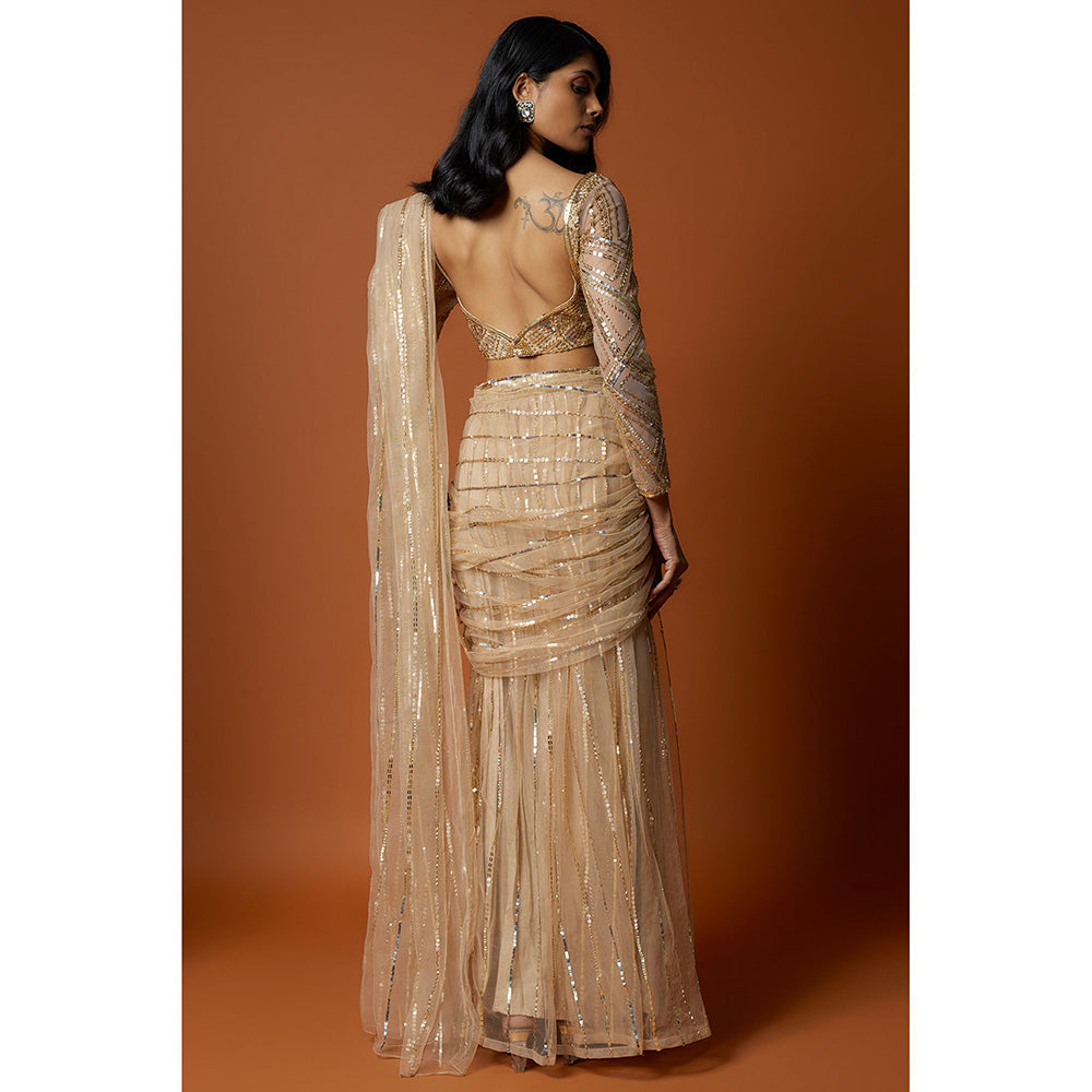 MEHAK MURPANA Gold Pre-Draped Cocktail Saree with Stitched Blouse