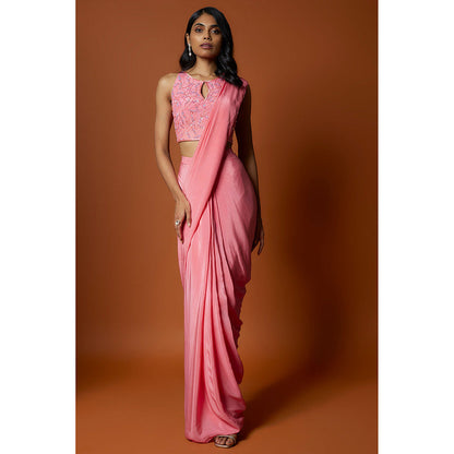 MEHAK MURPANA Coral Pink Pre-Draped Saree with Stitched Blouse