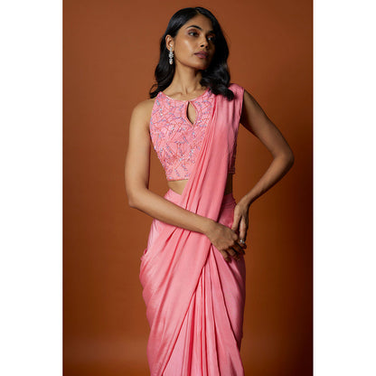 MEHAK MURPANA Coral Pink Pre-Draped Saree with Stitched Blouse