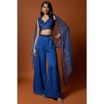 MEHAK MURPANA Royal Embroidered Blue Blouse With Pant And Cape (Set of 3)