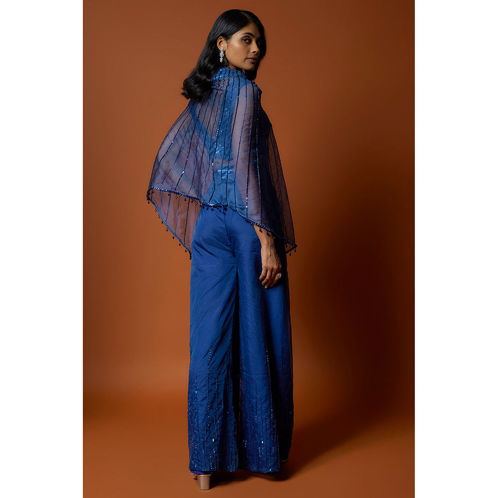 MEHAK MURPANA Royal Embroidered Blue Blouse With Pant And Cape (Set of 3)