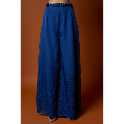 MEHAK MURPANA Royal Embroidered Blue Blouse With Pant And Cape (Set of 3)